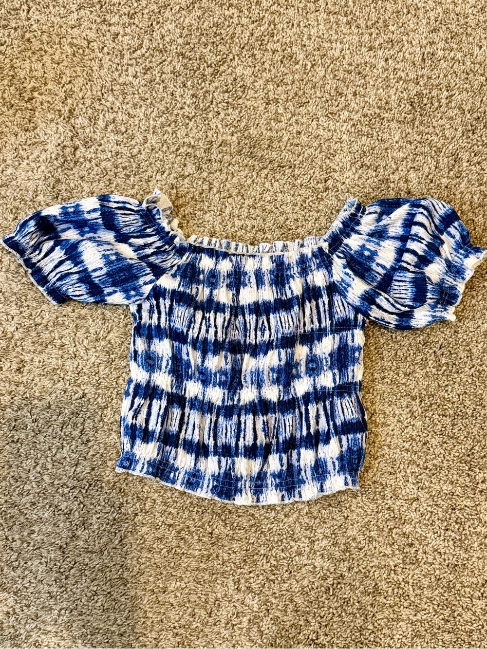 Zara Blue and White Smocked Off-Shoulder Tie-Dye Top Girls 9-10